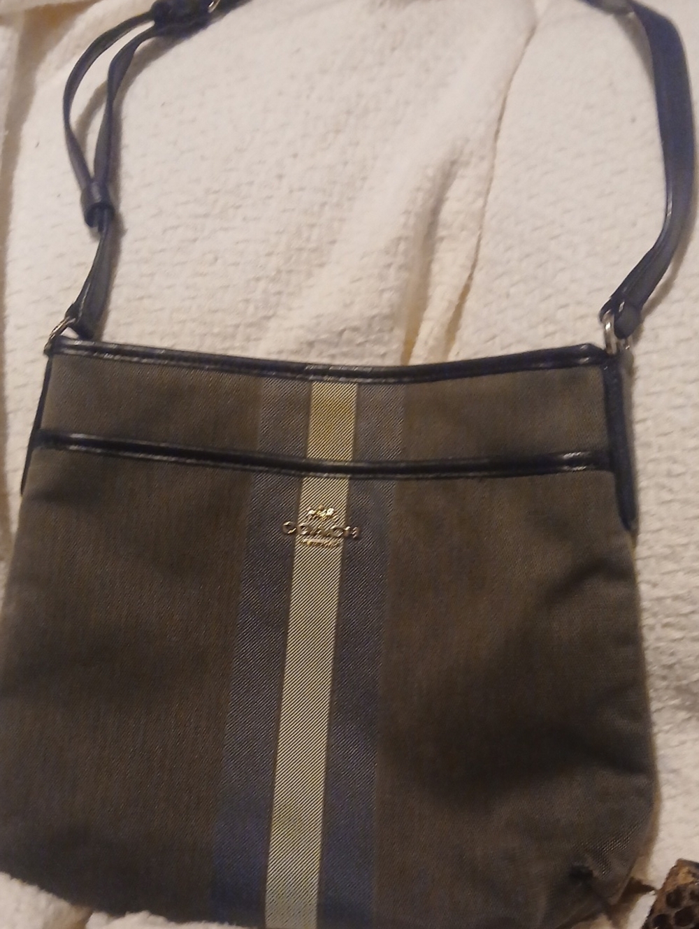 Coach Men's Messenger Bag in Olive with Navy and Tan Stripe